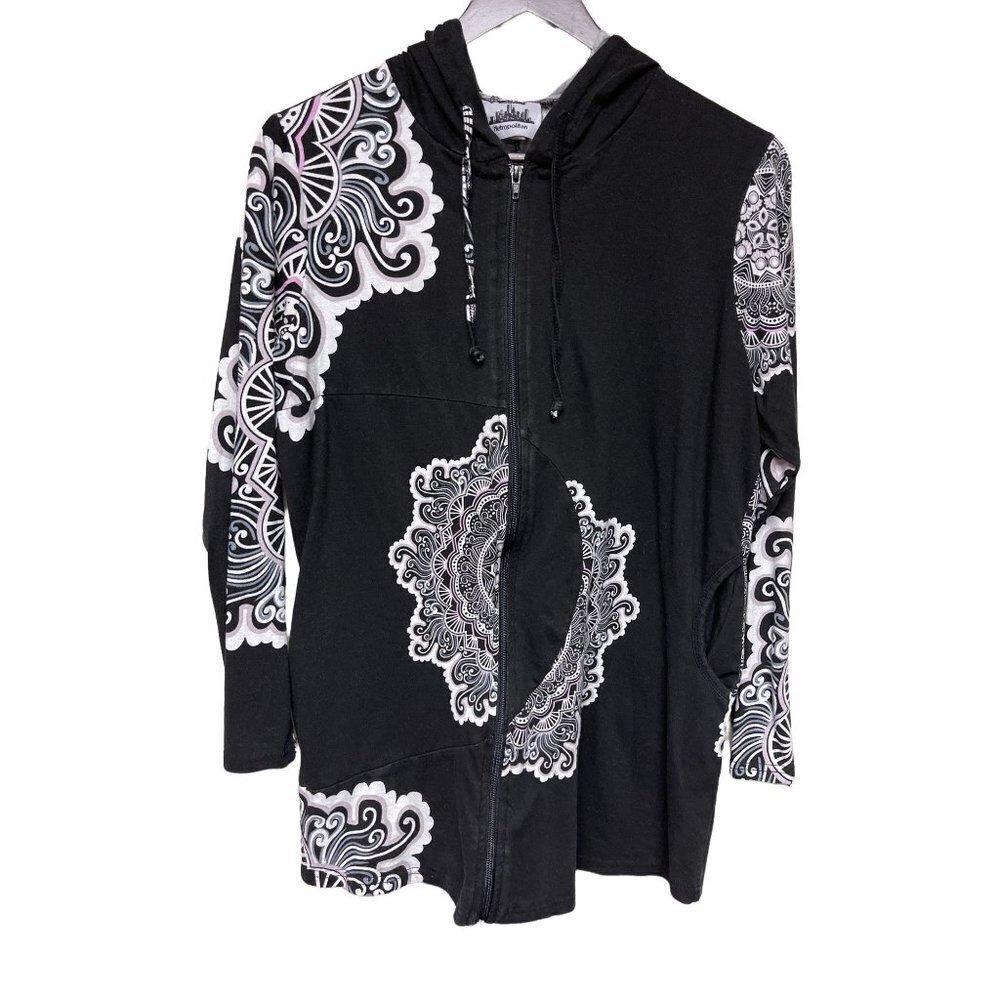 Metropolitan Cotton Long Sleeve Boho Full Zip Black Purple Sweatshirt Medium